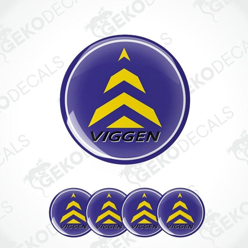 A set of four blue vinyl stickers with a yellow geometric design and the word 'VIGGEN' written on them.