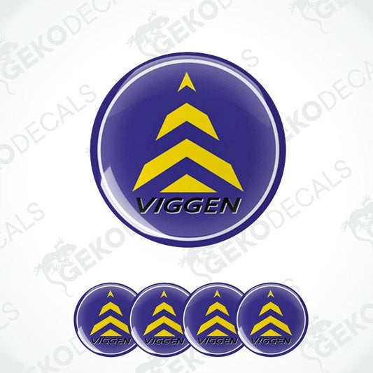 A set of four blue vinyl stickers with a yellow geometric design and the word 'VIGGEN' written on them.