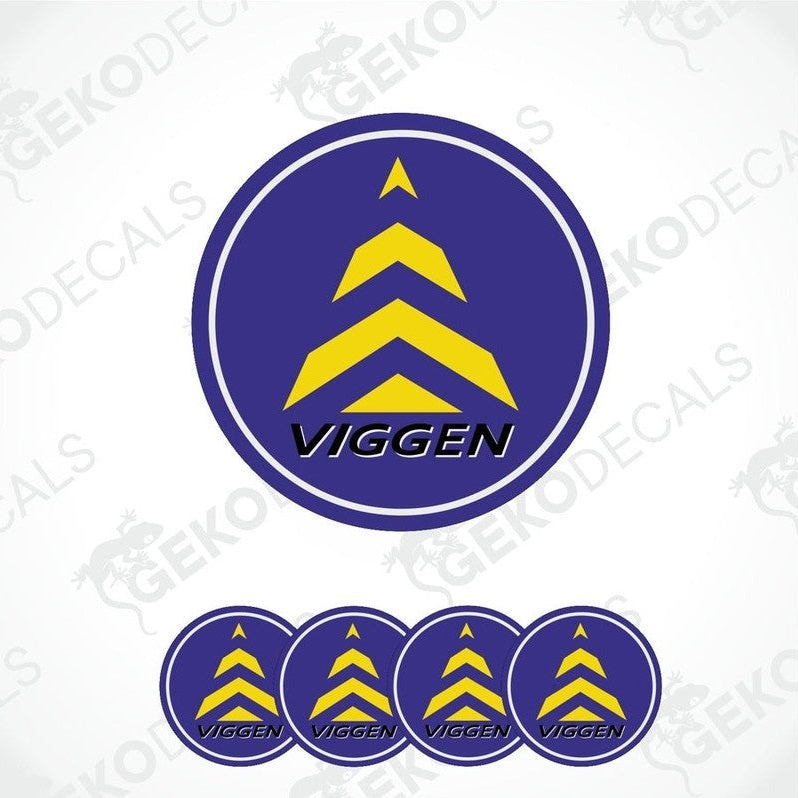 A set of four blue vinyl stickers with a yellow geometric design and the word 'VIGGEN' written on them.