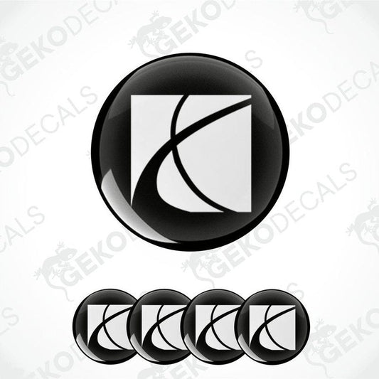 A set of four vinyl decals with a polyurethane coating designed to resemble the Saturn logo, presented in black and white.