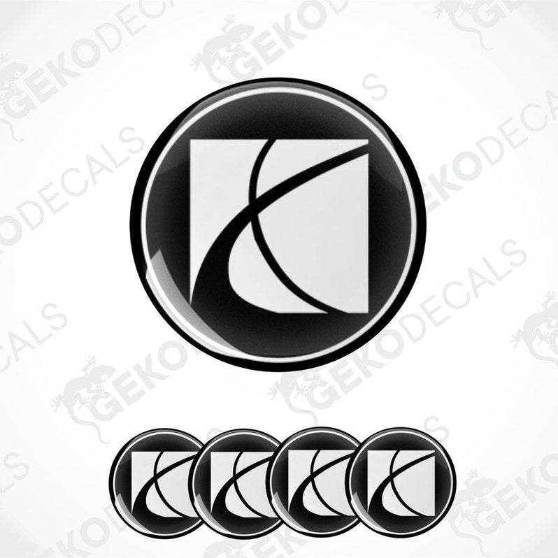 A set of four vinyl decals with a polyurethane coating designed to resemble the Saturn logo, presented in black and white