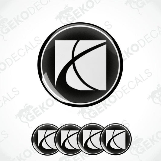 A set of four vinyl decals with a polyurethane coating designed to resemble the Saturn logo, presented in black and white
