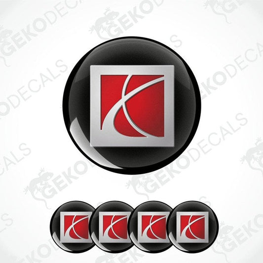 A set of four vinyl decals with a polyurethane coating, featuring a red and black design, displayed on a white background.