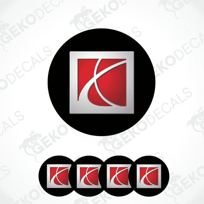 A set of four vinyl decals with a polyurethane coating, featuring a red and black design, displayed on a white background.