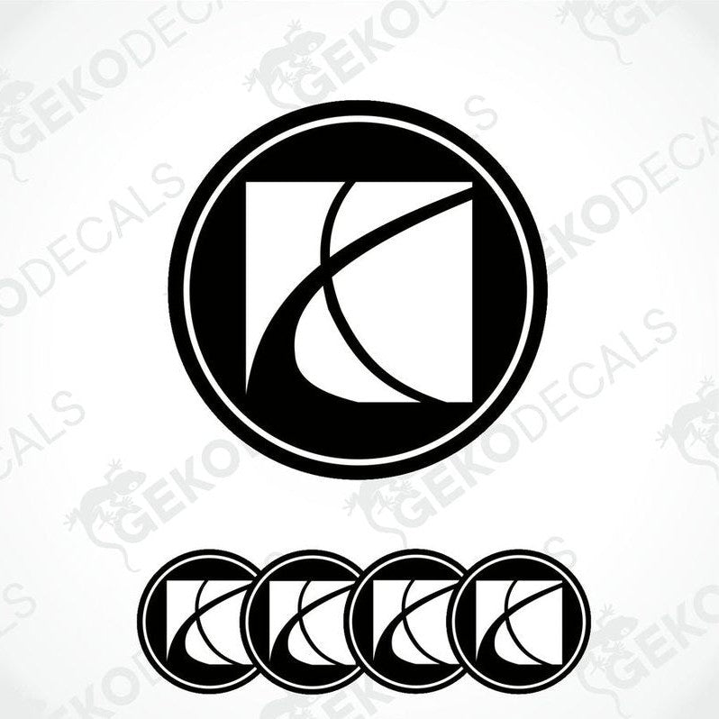 A set of four vinyl decals with a polyurethane coating designed to resemble the Saturn logo, presented in black and white