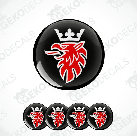 A set of four black vinyl stickers with a red and white Scania logo design.