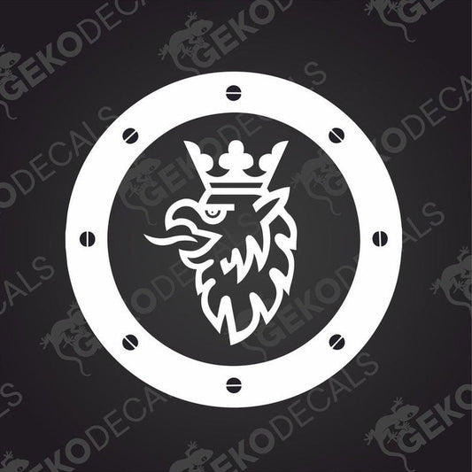A die cut sticker with a design of a crowned eagle, intended for use on vehicles, either interior or exterior.