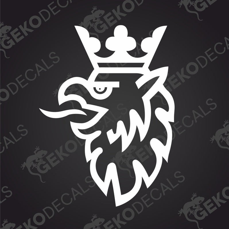 A black decal of a Scania logo, featuring a stylized bird design with a crown on its head.