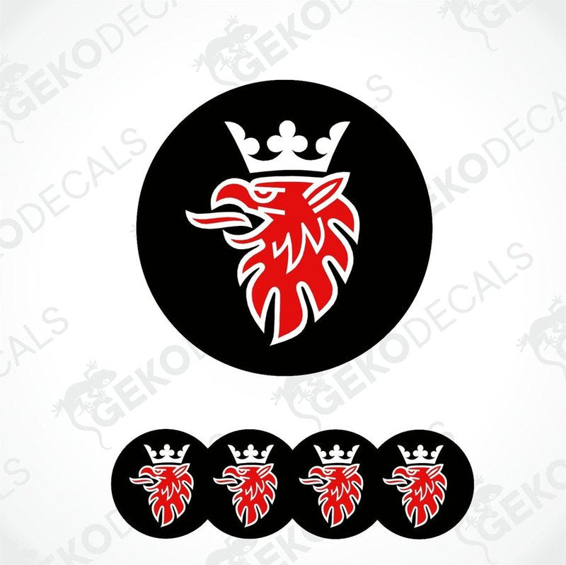 A set of four black vinyl stickers with a red and white Scania logo design.
