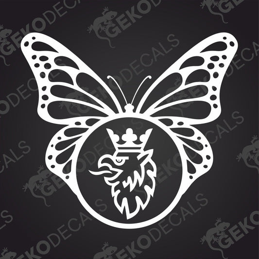 A die cut decal depicting a butterfly with a Scania emblem in the center.