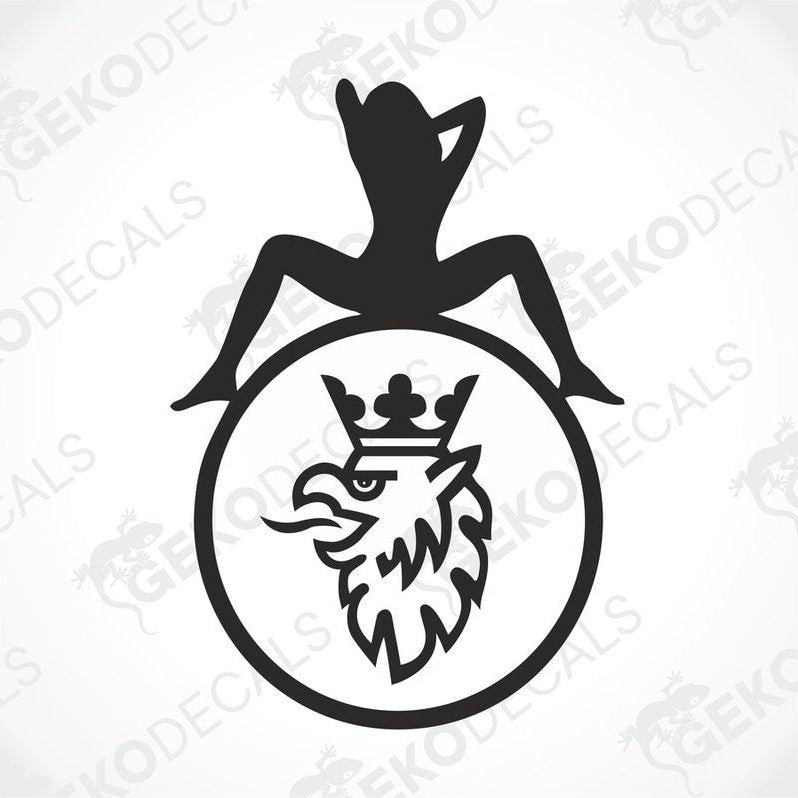 A die cut sticker design featuring a stylized female figure sitting atop a round emblem with a truck decal motif, including an eagle's head wearing a crown, all in a black and white illustration style.
