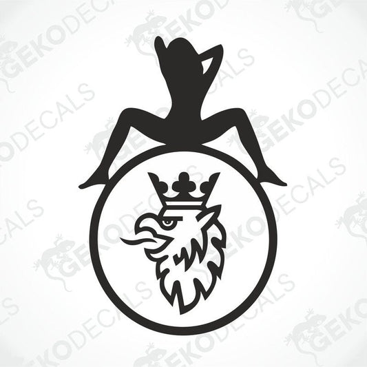 A die cut sticker design featuring a stylized female figure sitting atop a round emblem with a truck decal motif, including an eagle's head wearing a crown, all in a black and white illustration style.
