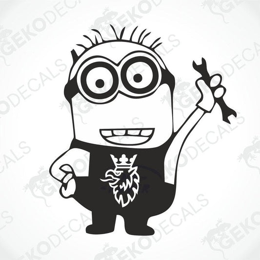 Minion, one arm raised and a wrench in his hand, with the Scania Vabis logo on his stomach.