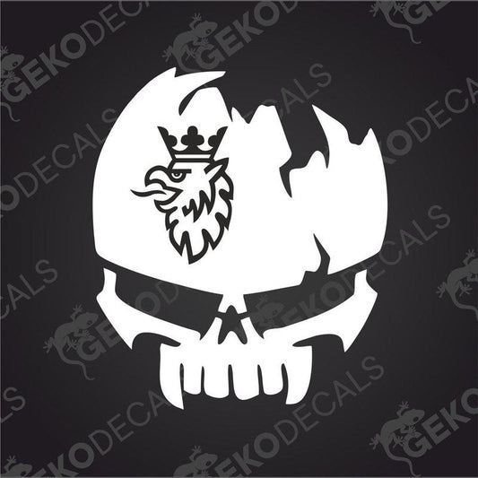 A black and white die cut sticker with a skull design, and the Scania brand logo.