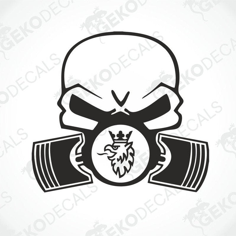 A die cut sticker depicting a stylized skull wearing a gas mask with a truck wheel design on either side, delivered on transfer paper.