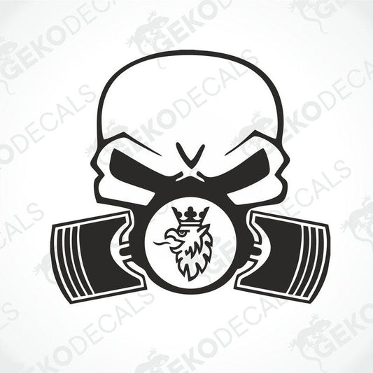 A die cut sticker depicting a stylized skull wearing a gas mask with a truck wheel design on either side, delivered on transfer paper.