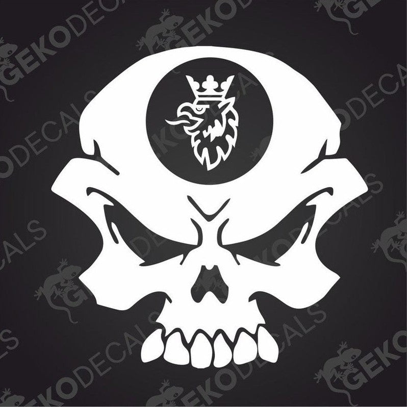 A die cut sticker depicting a stylized skull with a crown emblem in the center eye socket, predominantly white design on a contrasting dark background.