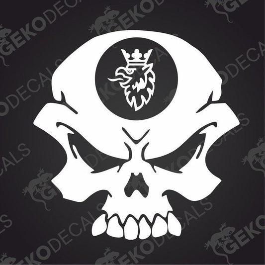 A die cut sticker depicting a stylized skull with a crown emblem in the center eye socket, predominantly white design on a contrasting dark background.