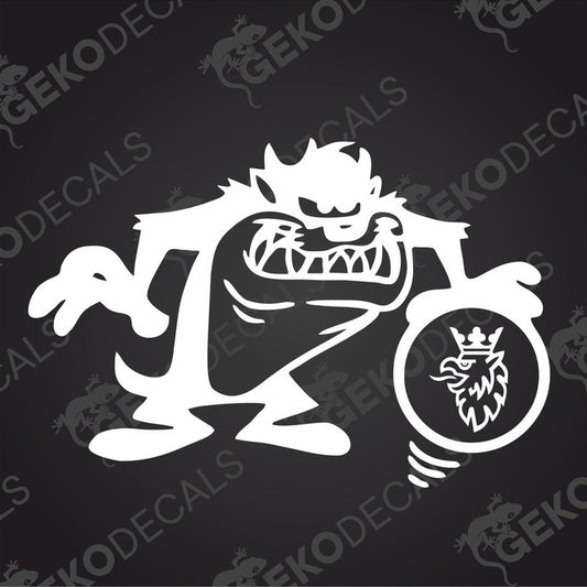A die cut sticker depicting a cartoonish character with a grumpy expression, designed for use as a truck decal.