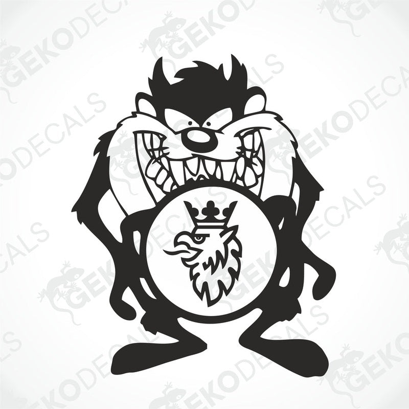 A sticker depicting a cartoon character, resembling a tazmanian devil, with a crown and a round shape in the center.