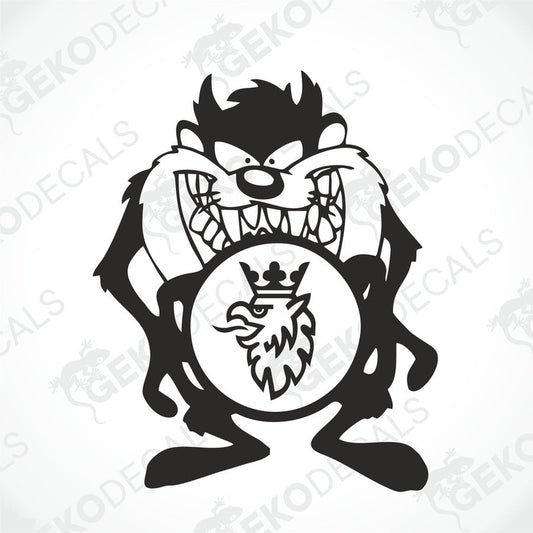 A sticker depicting a cartoon character, resembling a tazmanian devil, with a crown and a round shape in the center.