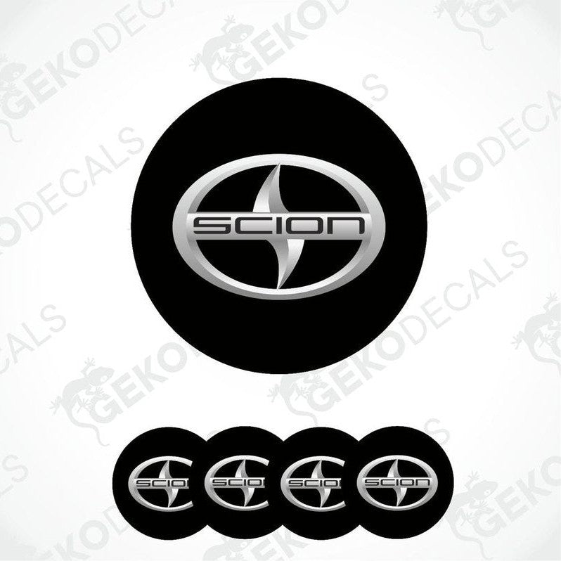 A set of four black and silver vinyl decals with the Scion logo.