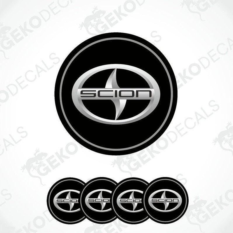 A set of four black vinyl stickers with a SCION logo design, displayed against a white background.