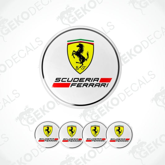 Set of white vinyl stickers with yellow Ferrari logo and black text SCUDERIA FERRARI, four round stickers for car rims.