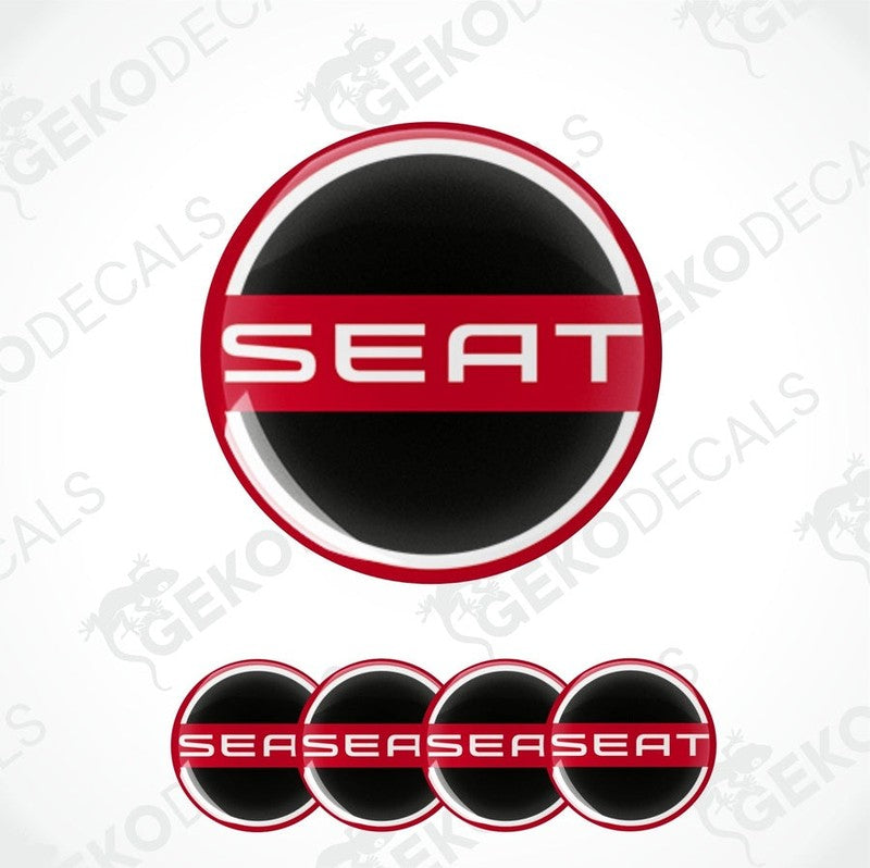 A set of black four red and white vinyl stickers with the logo 'SEAT' 