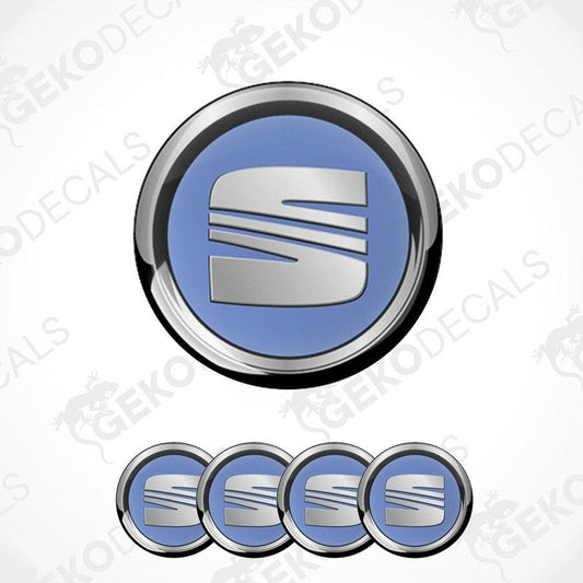 A set of round blue vehicle decals with a silver 'S' logo in the center, displayed on a white background.