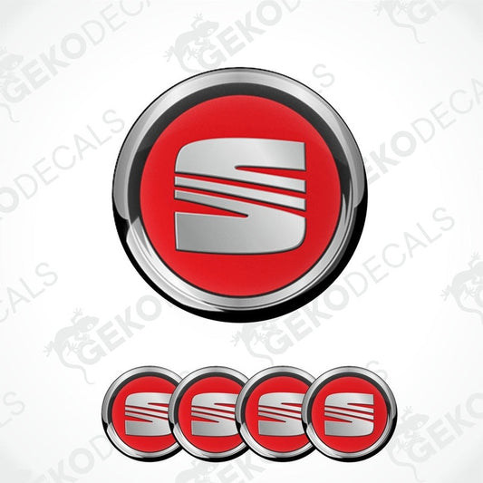 A set of four vinyl decals with a polyurethane coating featuring the SEAT car logo in red, silver, and black colors.