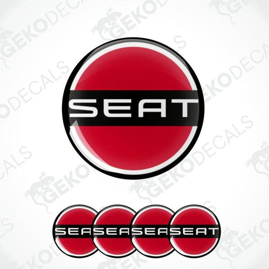 A set of black four red and white vinyl stickers with the logo 'SEAT' 