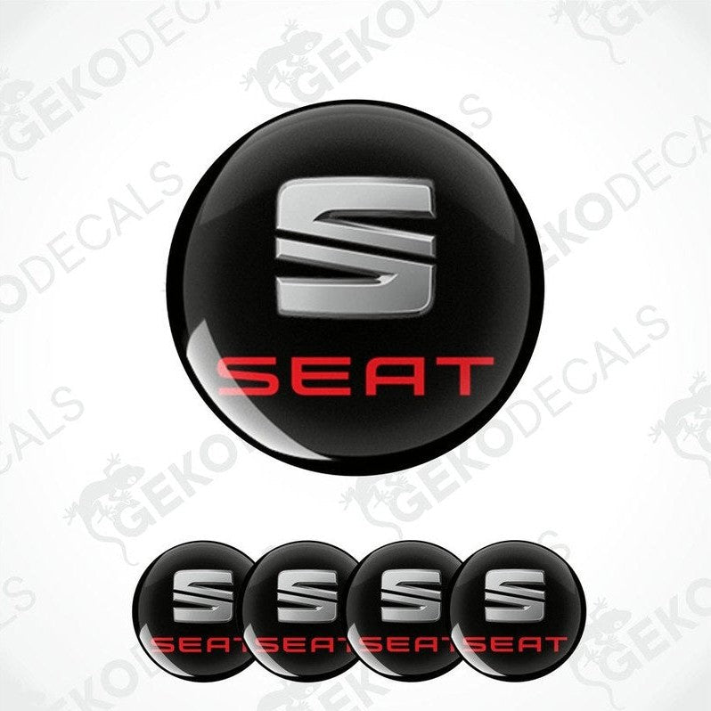 Set of four vinyl decals with polyurethane coating, featuring the SEAT logo in silver and red color.