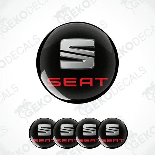 Set of four vinyl decals with polyurethane coating, featuring the SEAT logo in silver and red color.