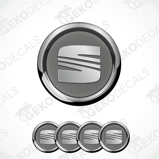 A set of round vinyl decals with a polyurethane coating featuring the SEAT logo in the center.