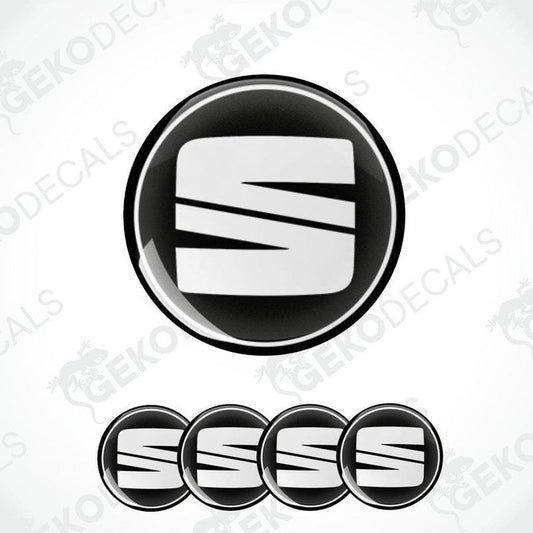 Set of four vinyl decals with polyurethane coating, featuring the SEAT logo in black and white.