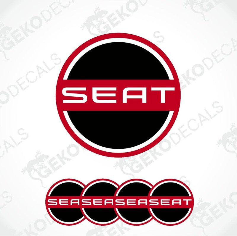 A set of black four red and white vinyl stickers with the logo 'SEAT' 