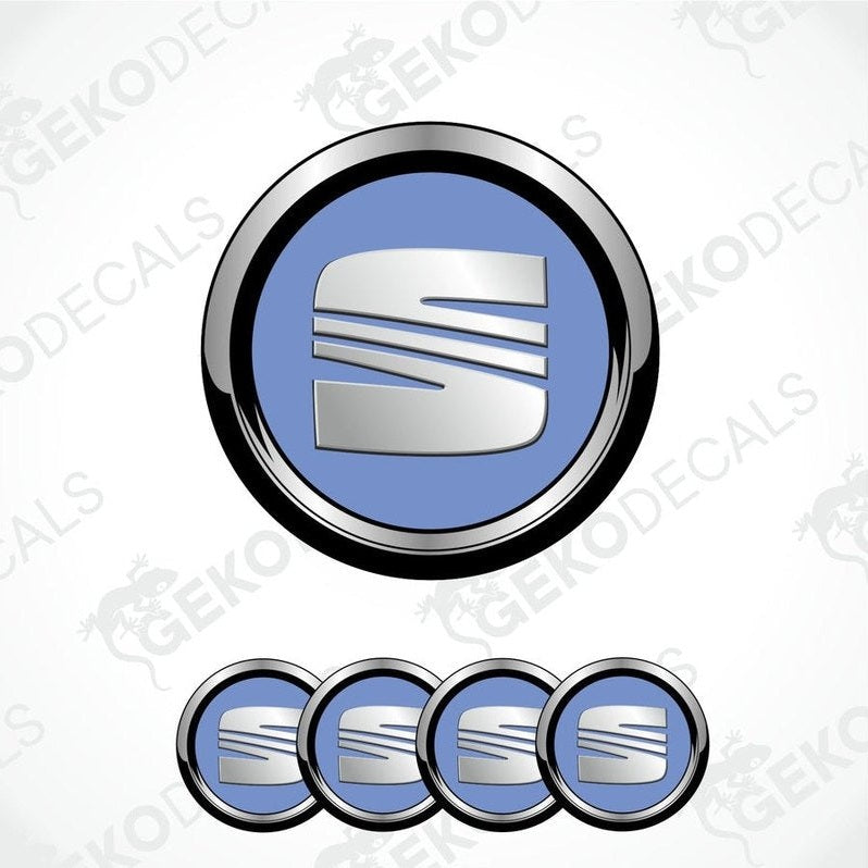 A set of round blue vehicle decals with a silver 'S' logo in the center, displayed on a white background.