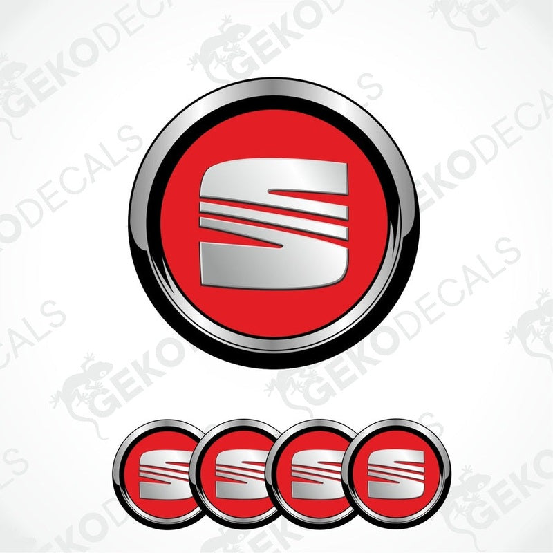 A set of four vinyl decals with a polyurethane coating featuring the SEAT car logo in red, silver, and black colors.