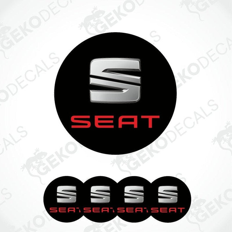 Set of four vinyl decals with polyurethane coating, featuring the SEAT logo in silver and red color.