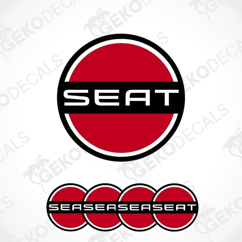 A set of black four red and white vinyl stickers with the logo 'SEAT' 