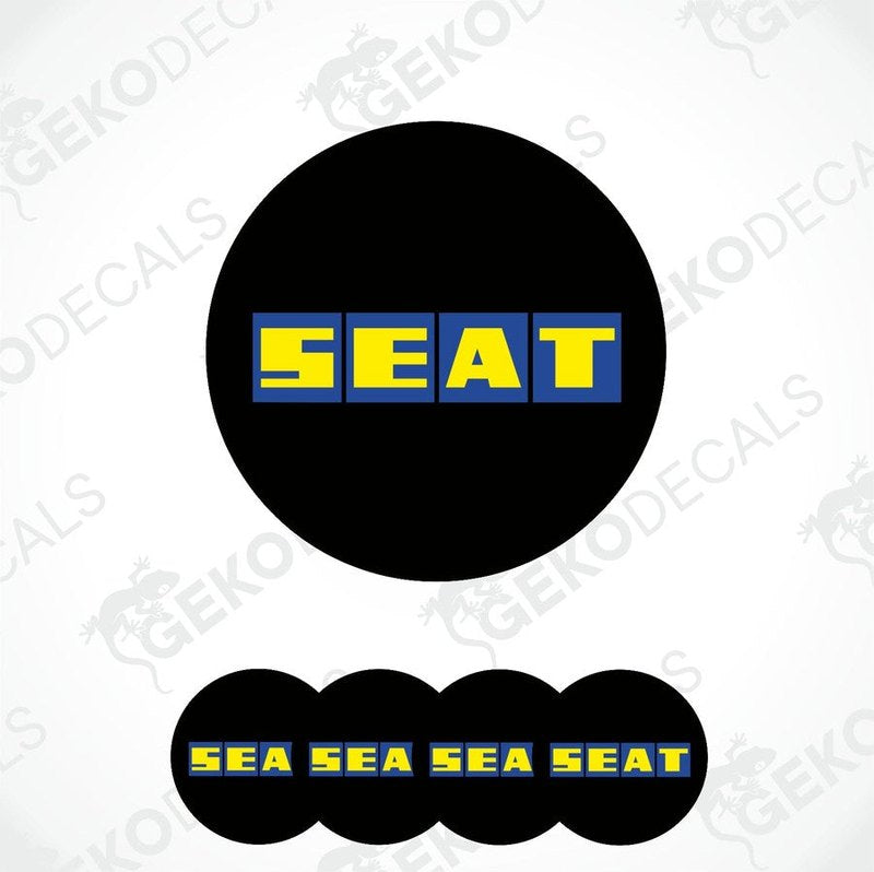 A set of four black vinyl stickers with the word 'SEAT' and a blue and yellow logo pattern on them.