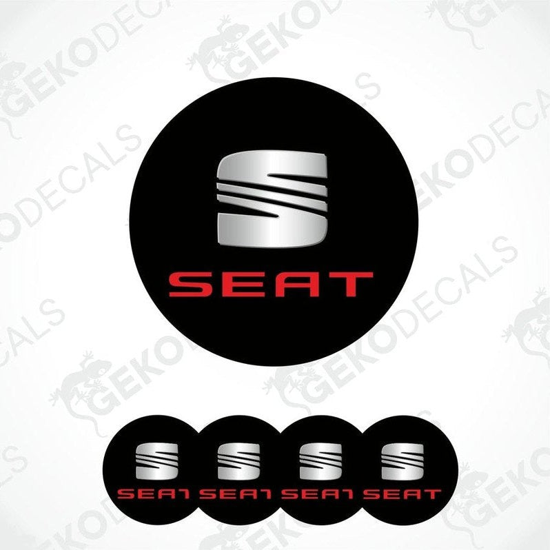 Set of four round car decals with the SEAT logo in black, red, and white colors.