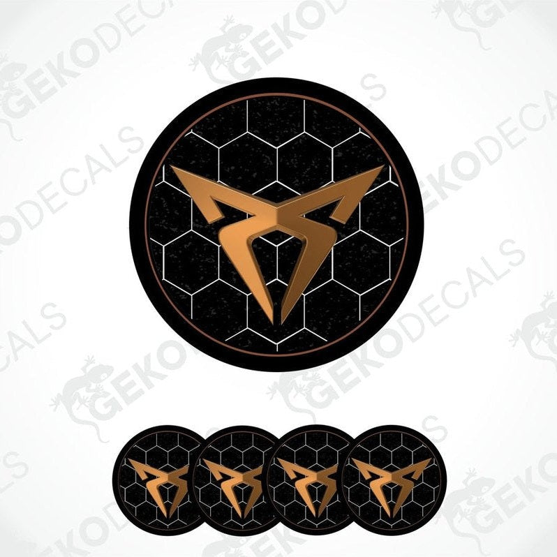 A set of four black and chrome brown vinyl stickers with a geometric pattern and a SEAT CUPRA logo.