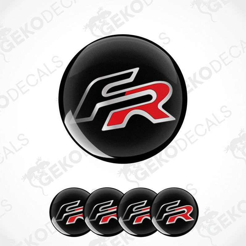 Set of four vinyl decals with 'FR' logo design, predominantly black with red and white accents, displayed on a white background.