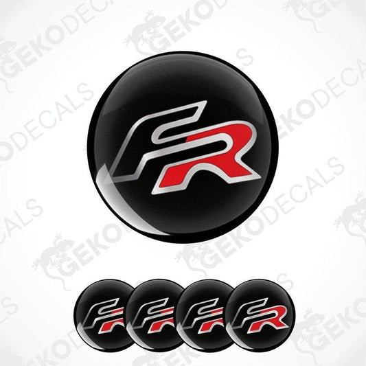 Set of four vinyl decals with 'FR' logo design, predominantly black with red and white accents, displayed on a white background.