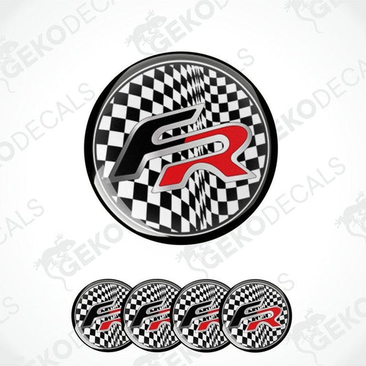 A set of four vinyl decals with a checkered pattern and 'FR' text design, typically used as car wheel stickers.