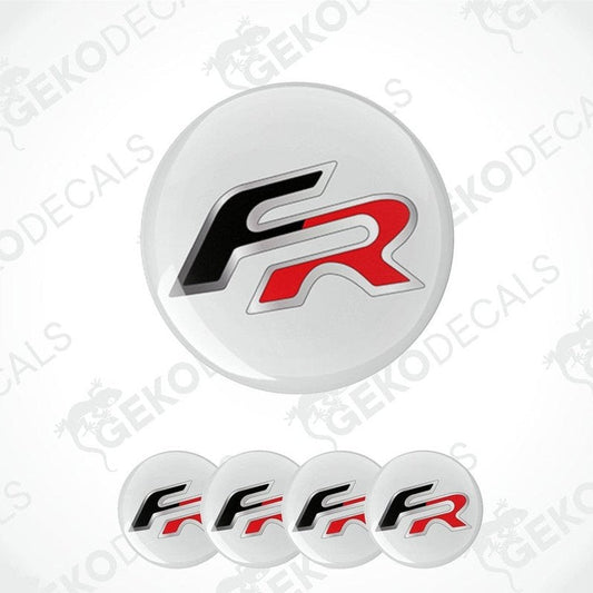 A set of four white vinyl stickers with the letter 'FR' in red and black, displayed on a white background.