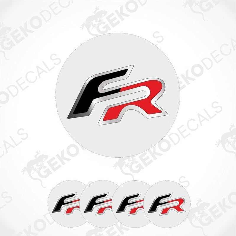 A set of four white vinyl stickers with the letter 'FR' in red and black, displayed on a white background.