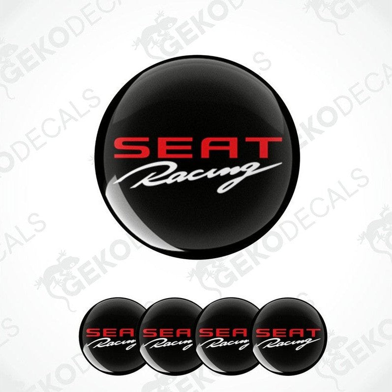 A set of four black vinyl stickers with the 'SEAT RACING' logo in red and white.